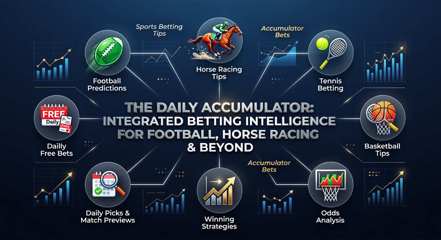 Vibrant scene of a horse racing finish line merging with tennis courtside action and basketball hoop dunks, overlaid with soccer goal celebrations for accumulator betting visuals