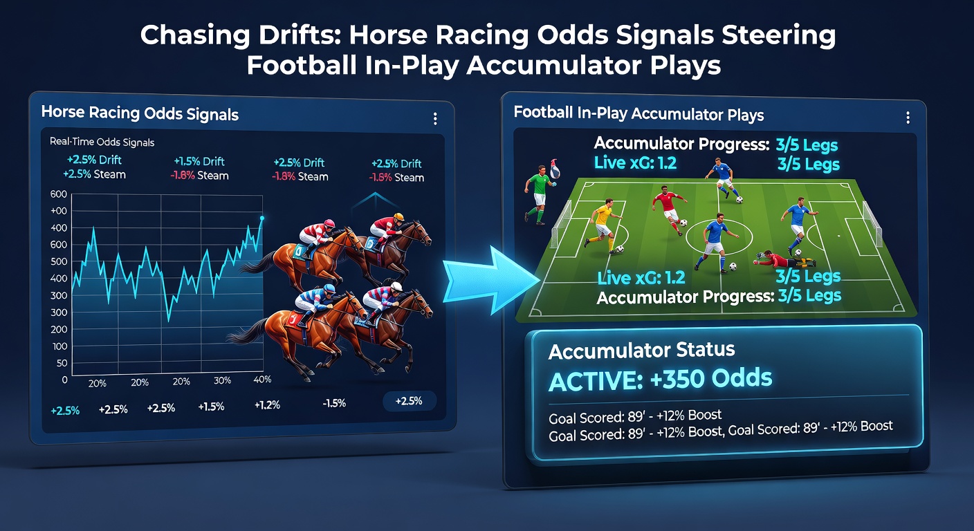 Screenshot of live betting interface showing horse racing drift overlaid on football in-play accumulator odds