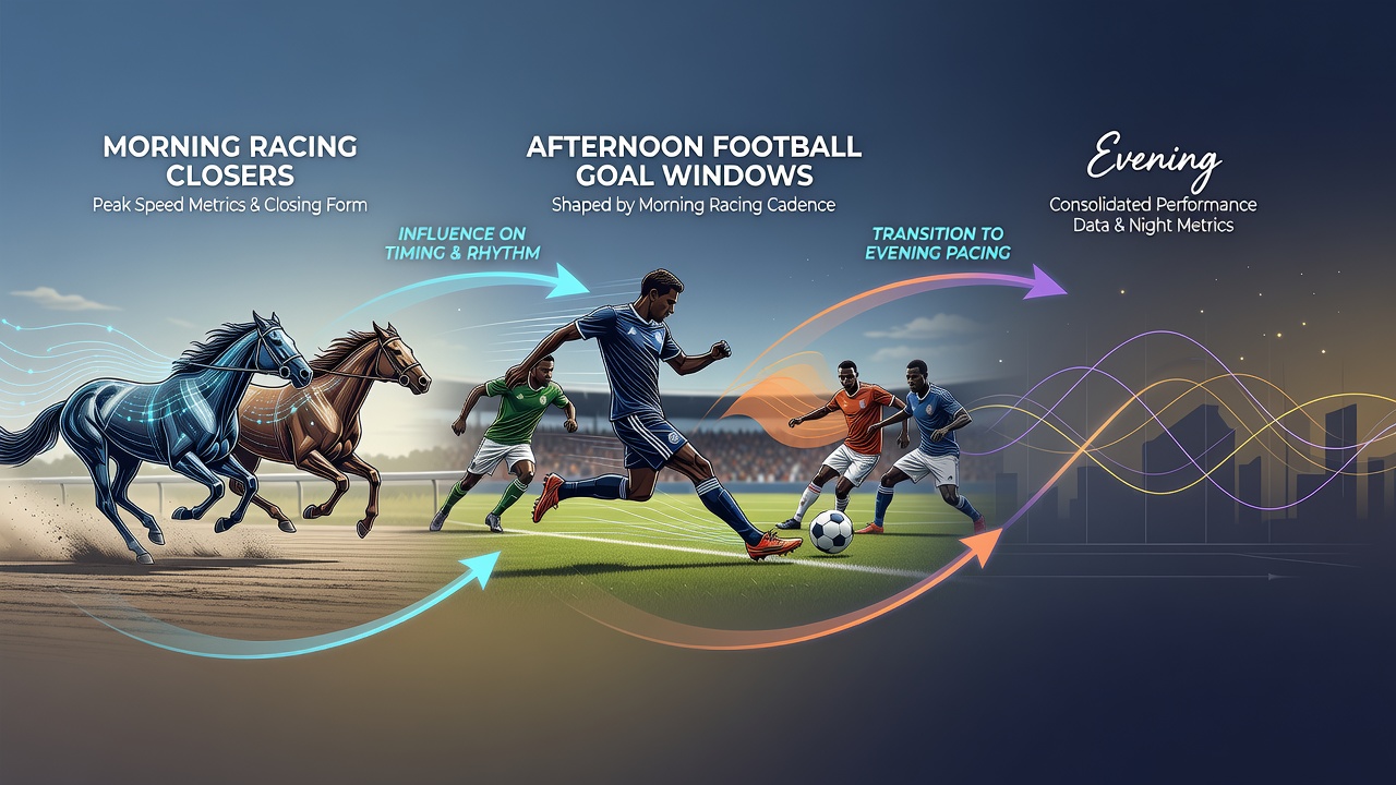Chart illustrating goal timing distributions in football alongside tennis hold percentage trends on days with prominent morning racing closers