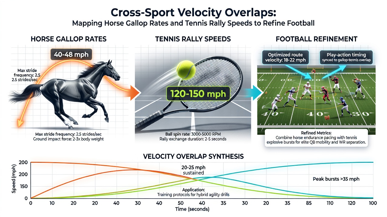 Split-screen visualization showing horse gallop stride analysis alongside tennis rally speed graphs and football match timeline overlays
