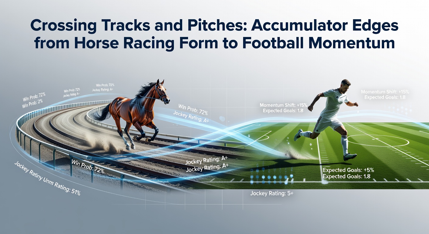 A dynamic split-image showing a horse galloping on a racetrack merging into a football player charging down a pitch, symbolizing crossover strategies in betting analysis