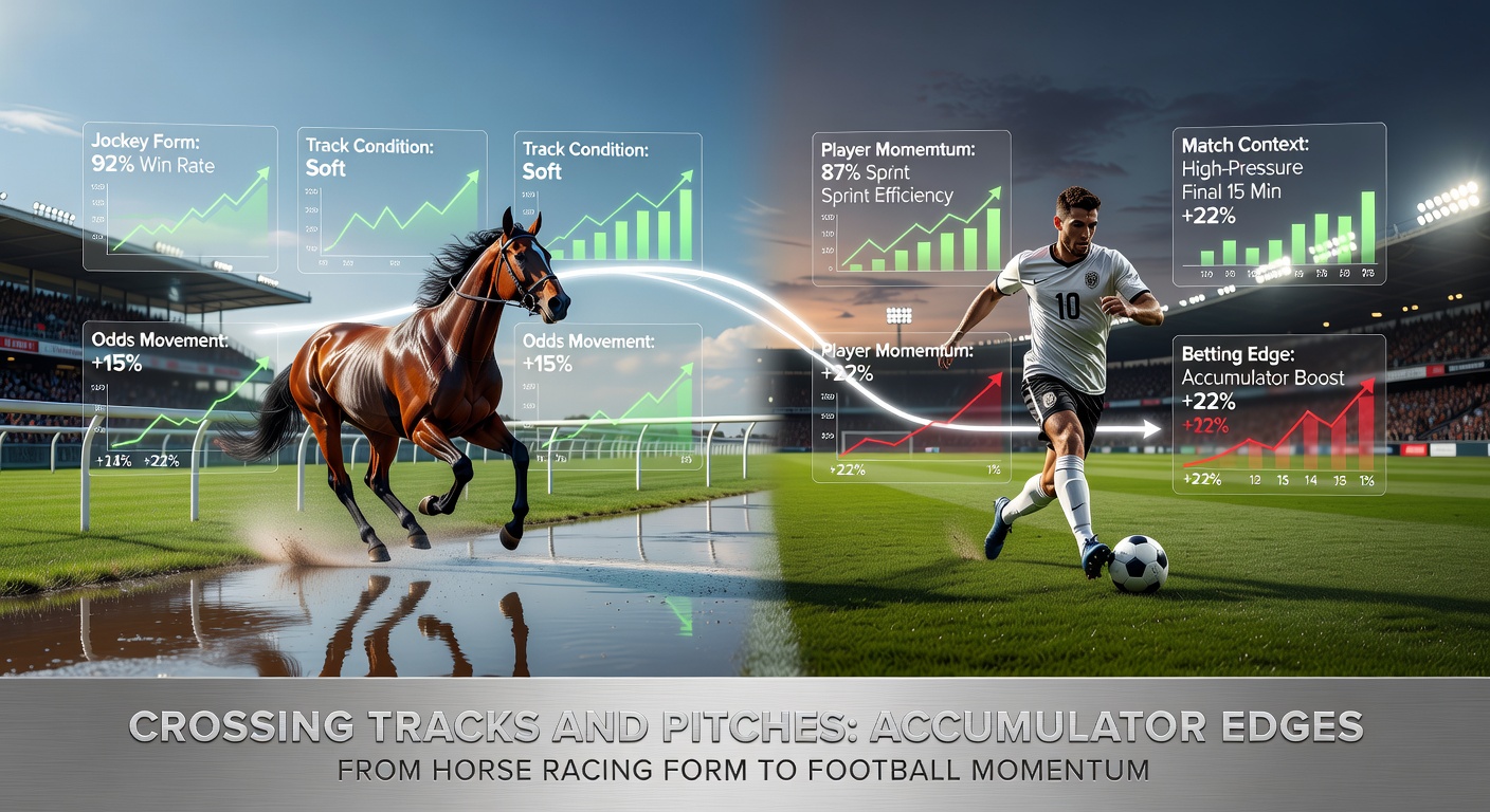 Graph overlay of horse racing form lines transitioning into football momentum charts, illustrating data crossover for betting accumulators