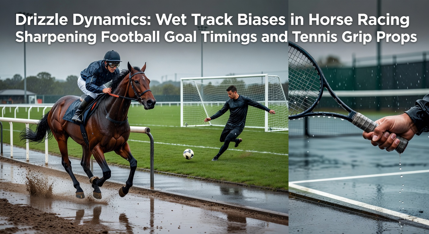 A horse racing scene on a wet track with rain falling, highlighting mud-splattered horses navigating biases