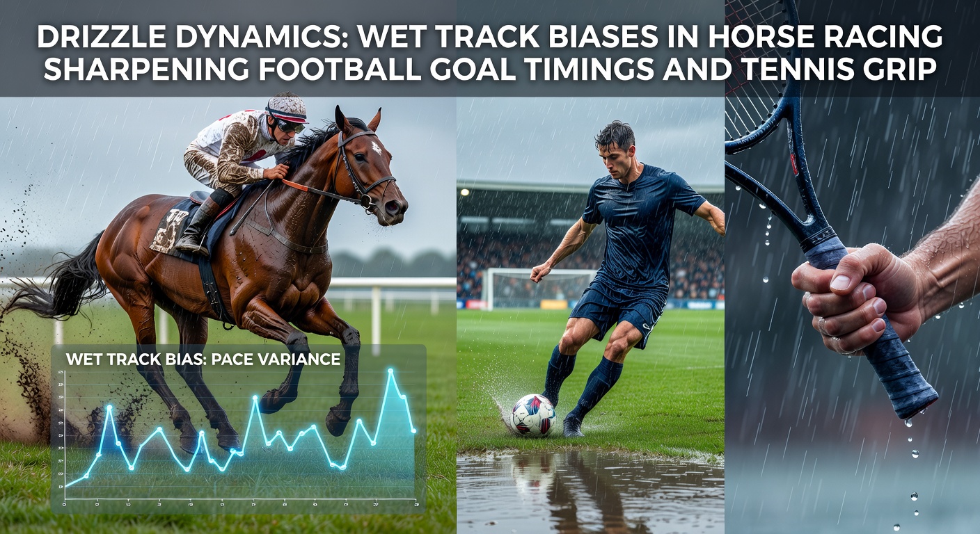 Split image showing a soccer goal in rain, tennis player adjusting grip on wet court, and horse splashing through mud