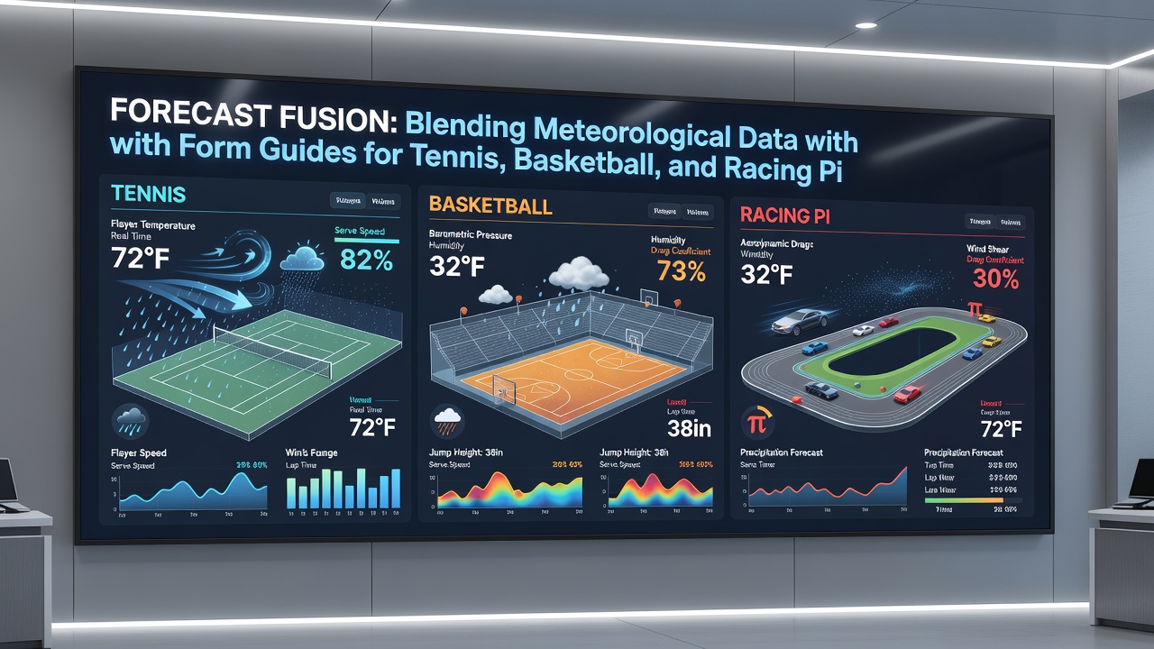 Data fusion dashboard showing overlapping weather maps and sports performance charts