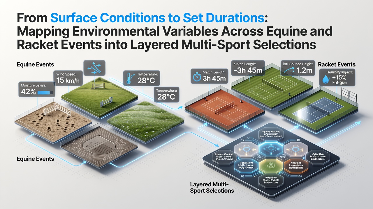 Diagram showing environmental factors from horse racing tracks and tennis courts mapped into multi-sport accumulator layers