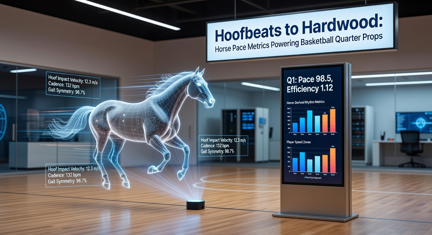 Horse racing track transitioning to basketball court with pace lines overlayed, illustrating metric crossover