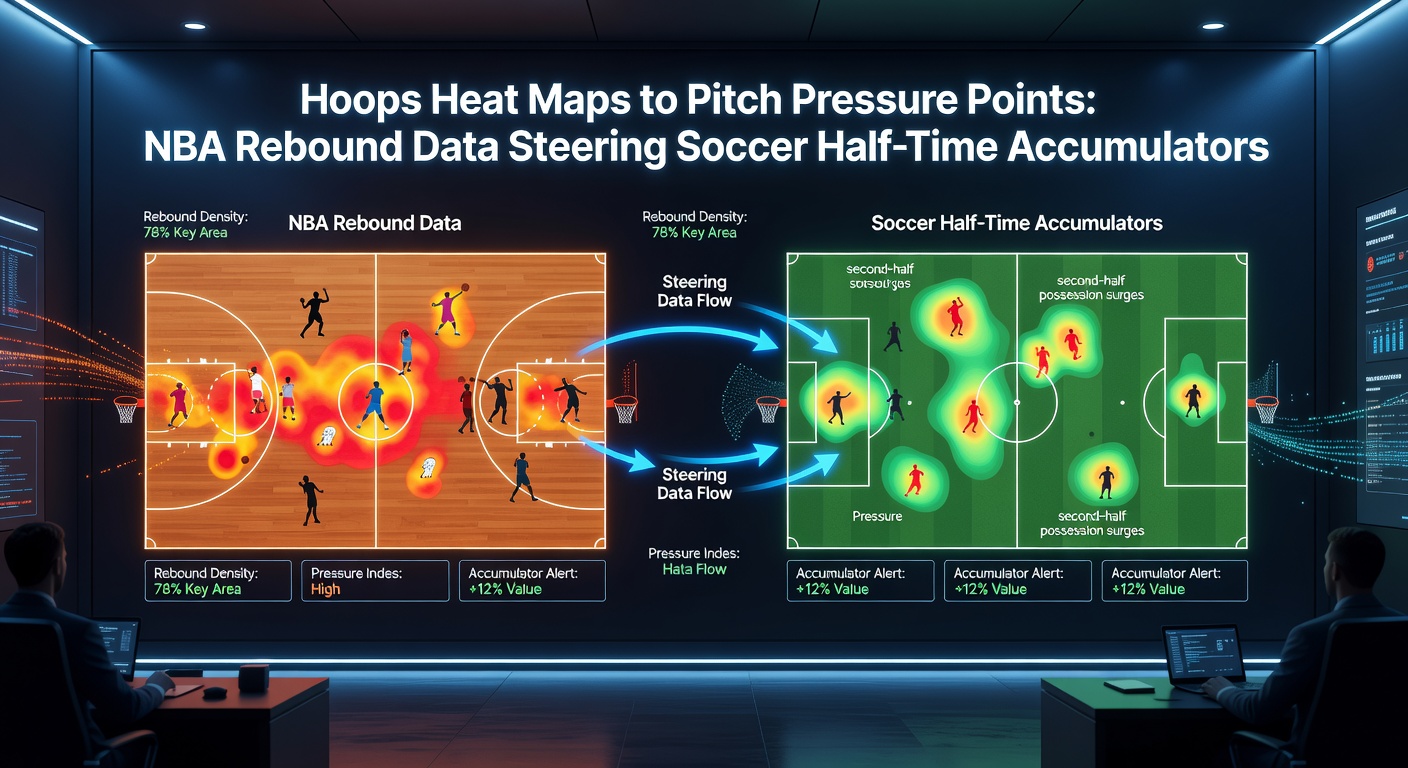 Split-image graphic comparing NBA rebound heat map on left with soccer pitch pressure heatmap on right, arrows linking similar intensity zones across sports