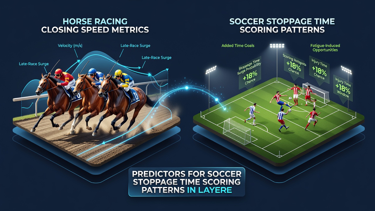 Layered accumulator diagram connecting horse racing sectional times to soccer stoppage time goal probabilities