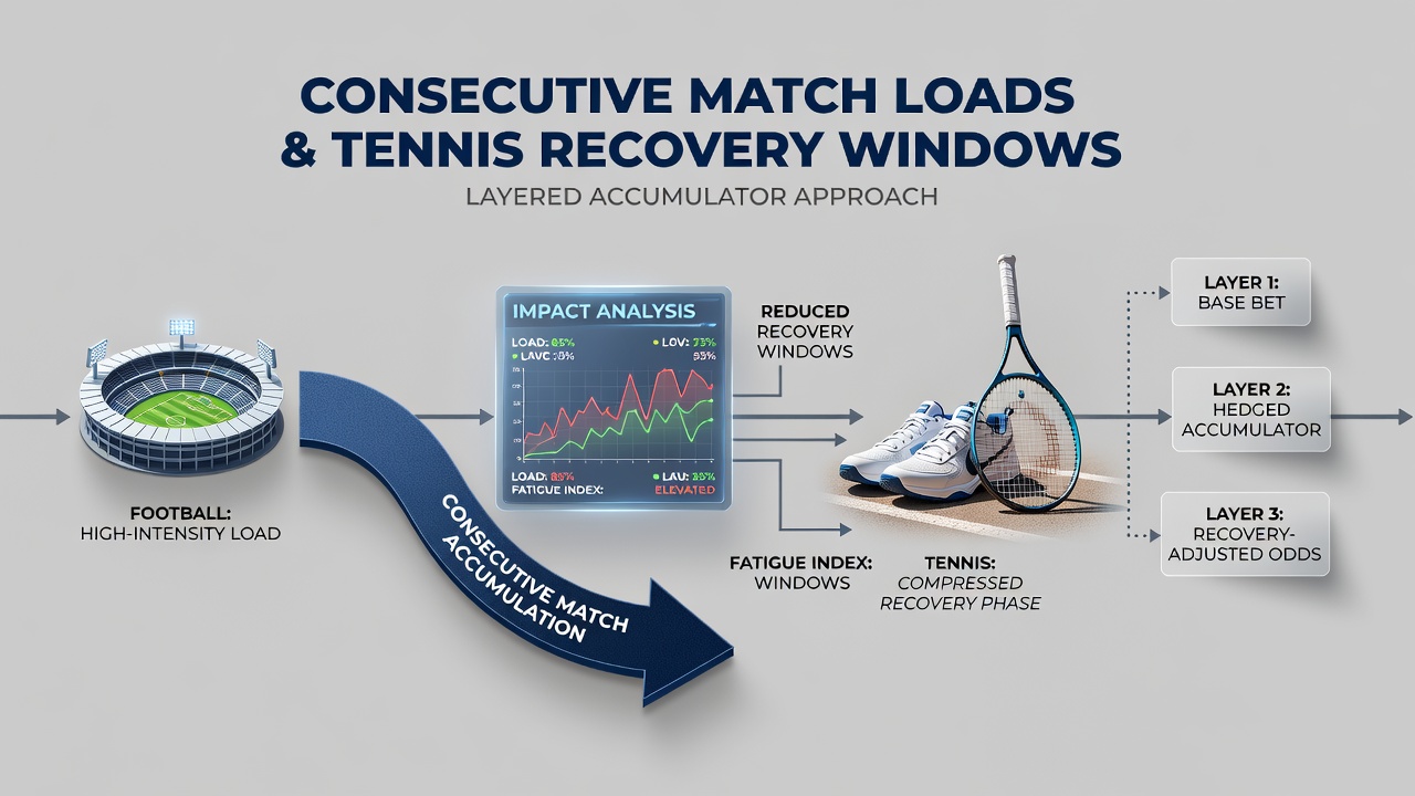 Tennis court action alongside football pitch statistics illustrating recovery window alignments for multi-sport betting layers