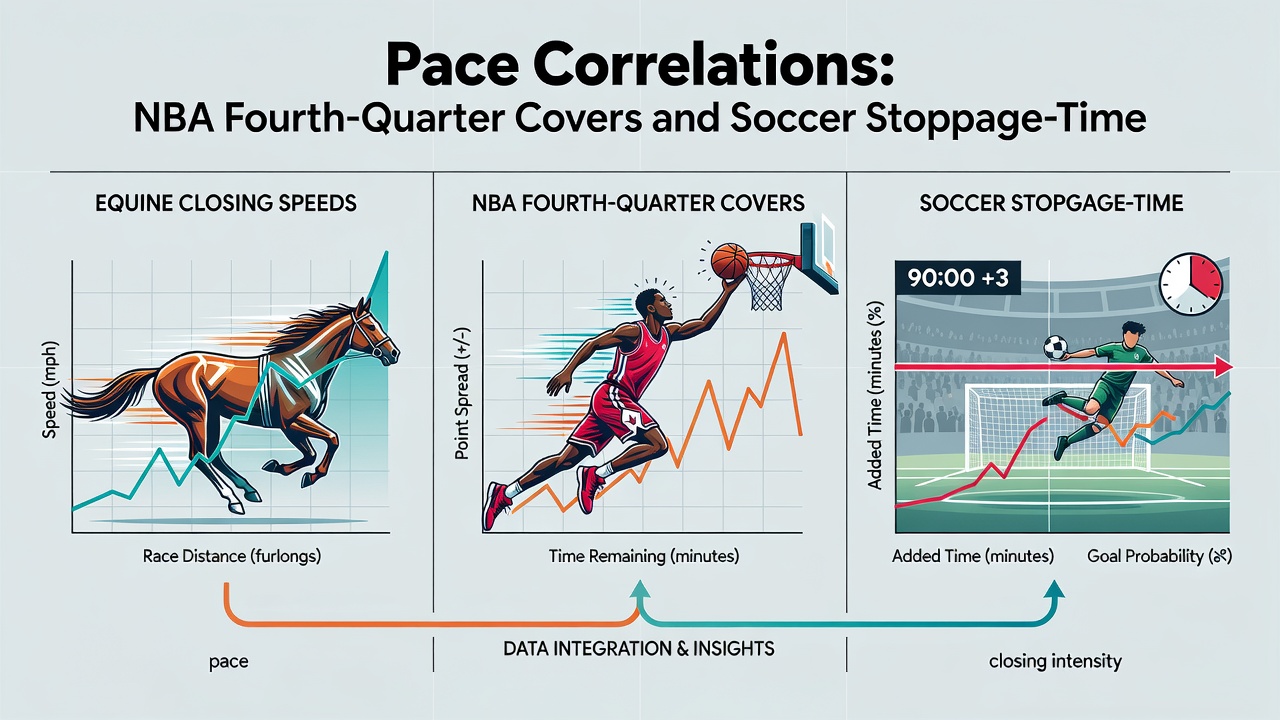 Comparative charts showing pace curves from horse racing sections next to NBA and soccer late-game data points
