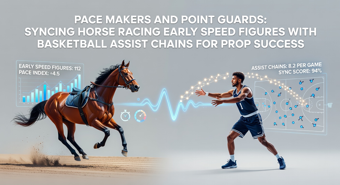 A dynamic split-image showing a horse surging ahead on the track alongside a basketball point guard dishing a precise assist, highlighting speed and playmaking parallels