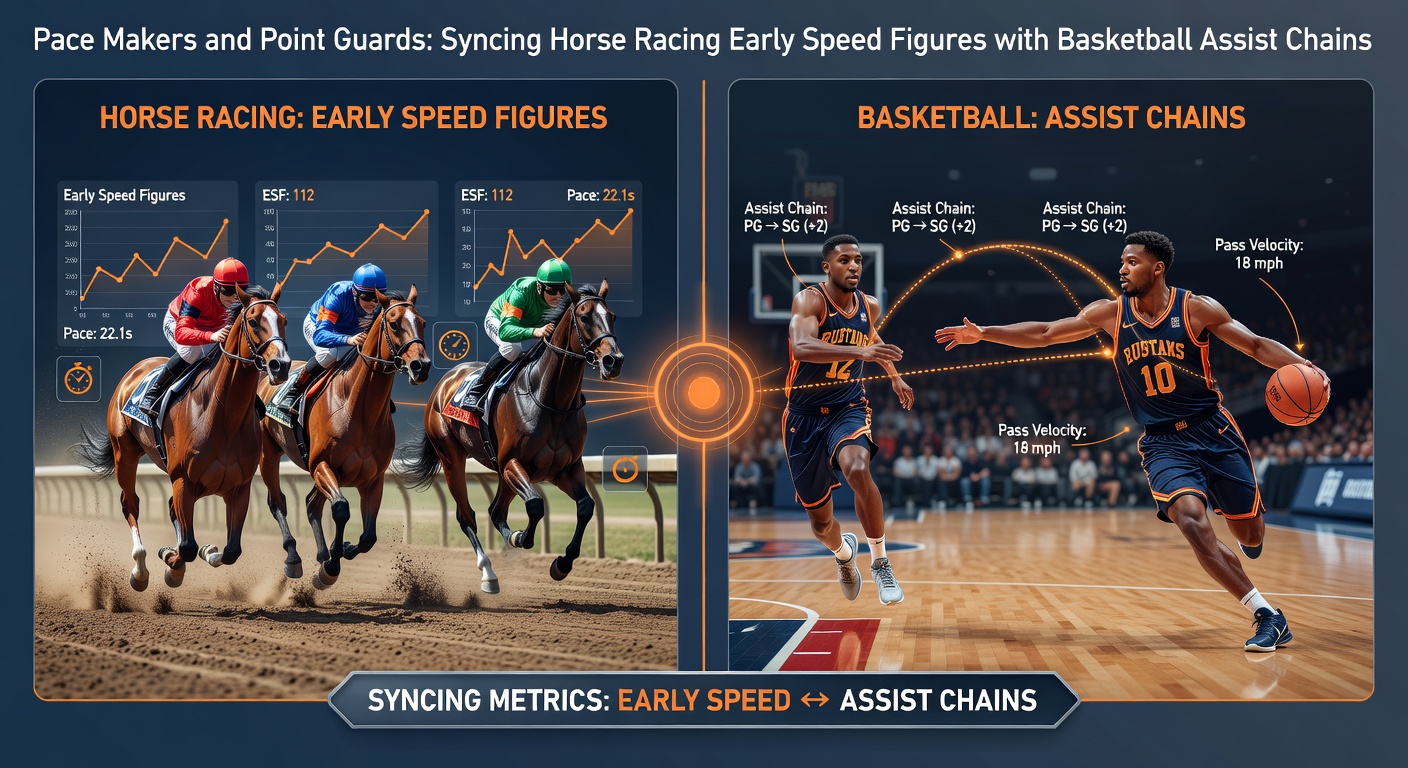 Data visualization overlay of horse racing speed figure graphs synced with basketball assist chain diagrams, illustrating crossover betting patterns