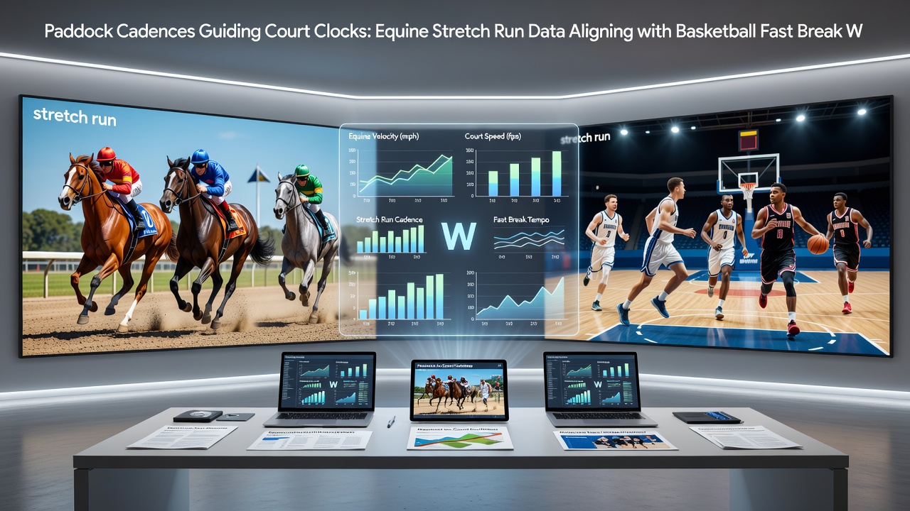 Multi-sport data overlay showing horse pace metrics synced with basketball transition play graphs