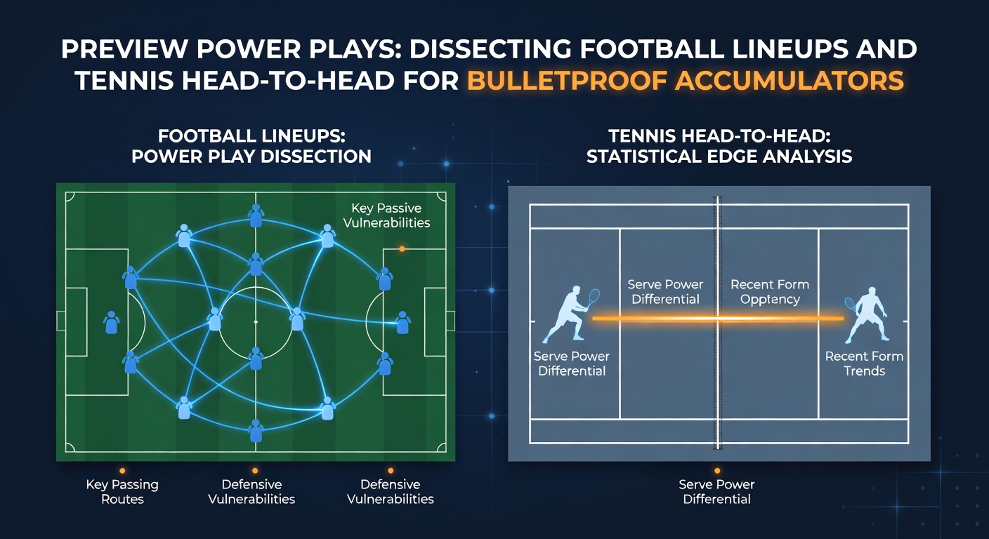 Football lineup board on a tactical whiteboard next to tennis player stats on a laptop screen, illustrating preview analysis for betting accumulators
