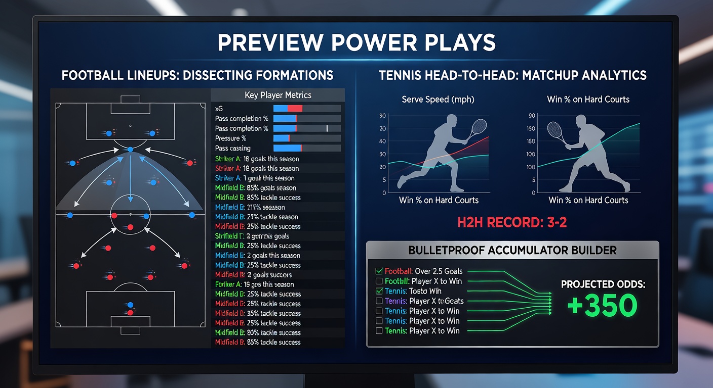 Tennis court with overlaid head-to-head stats graph and football formation diagram, highlighting cross-sport accumulator strategies