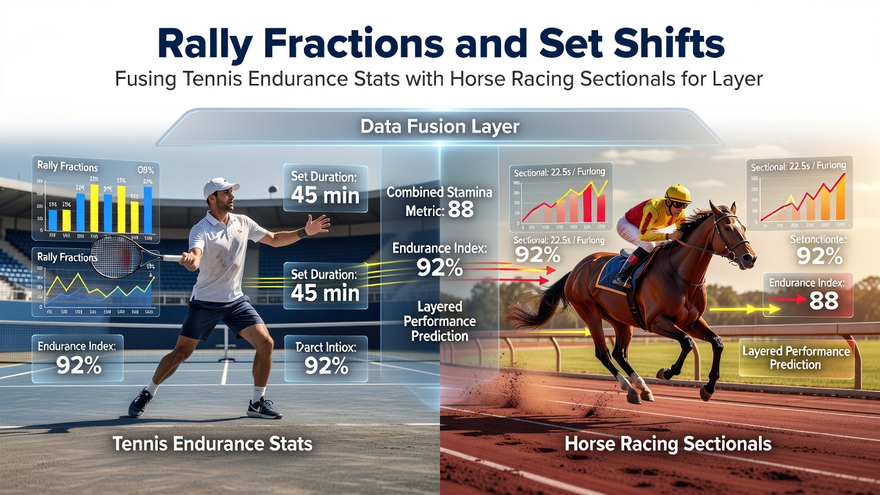 Split image showing detailed tennis rally statistics chart beside horse racing sectional timing graph with overlaid betting slip example