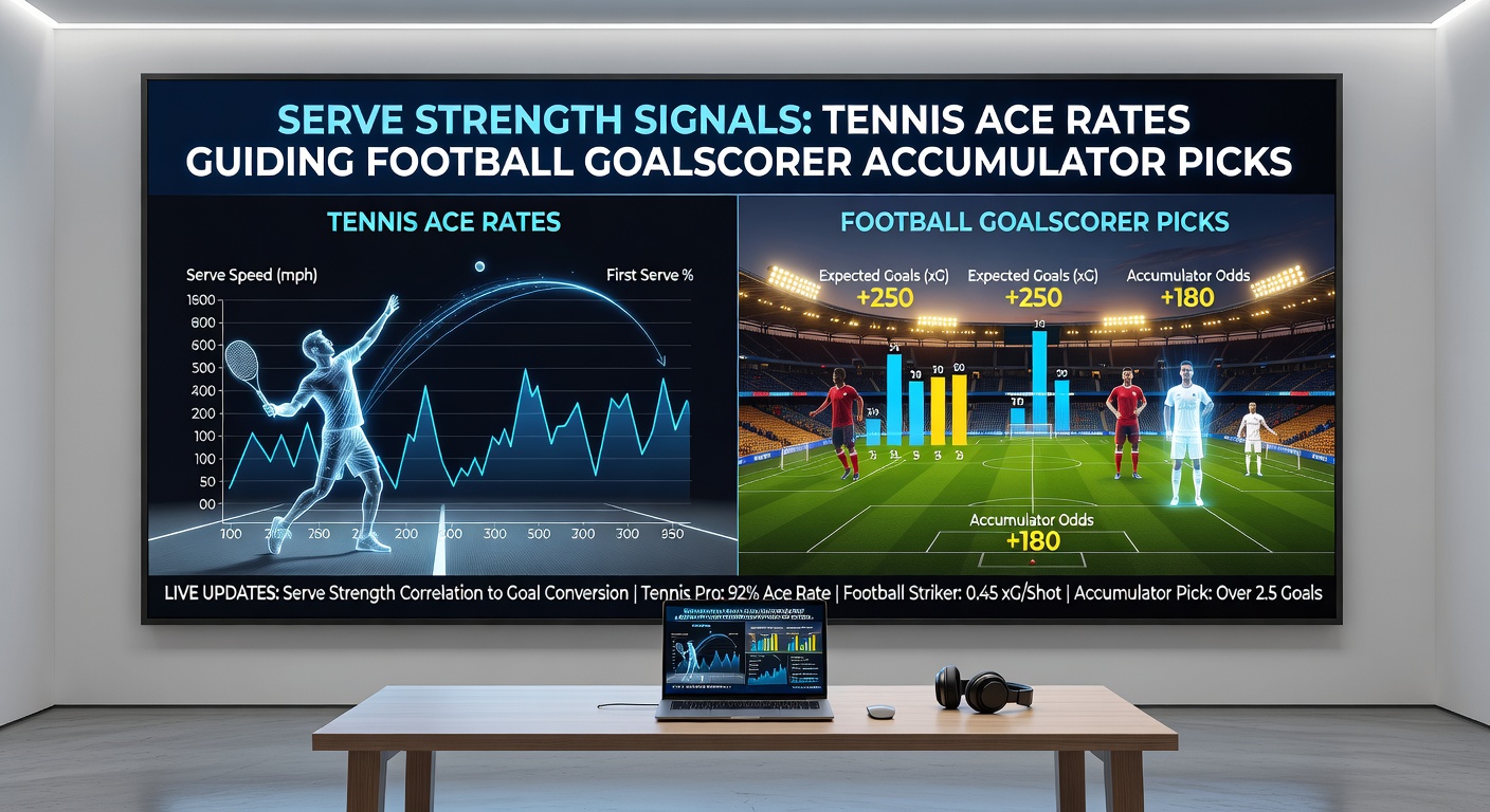 Split-image graphic of tennis ace serve trajectory overlaying a football goal celebration, highlighting statistical correlations