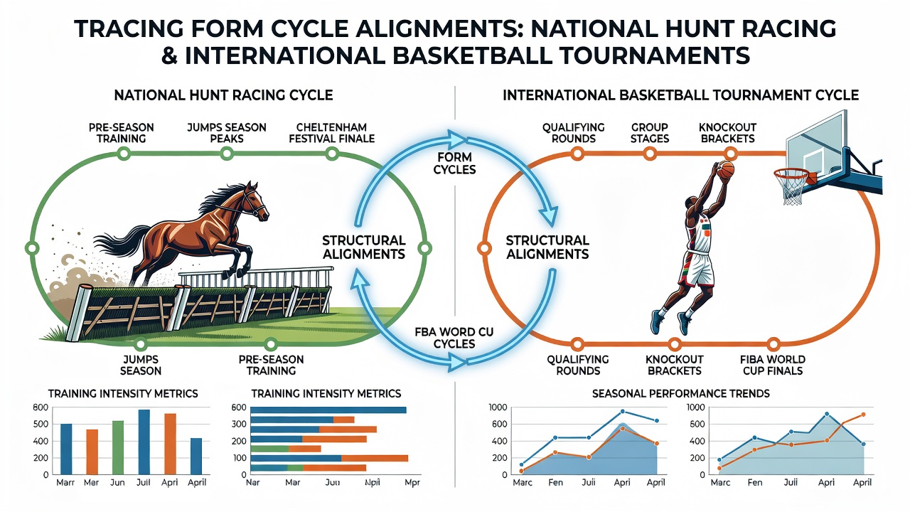 Split image showing horse racing form guide next to basketball tournament statistics and accumulator bet slip examples