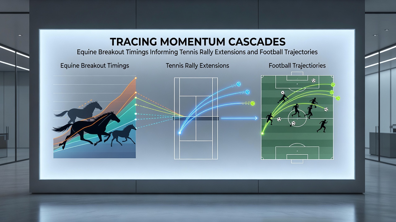Data visualization showing timing correlations between horse racing breakouts, tennis rallies, and football transitions