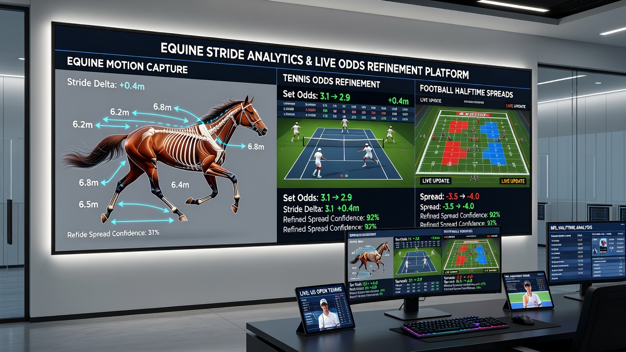 Live data dashboards showing equine stride overlays on tennis and football probability models