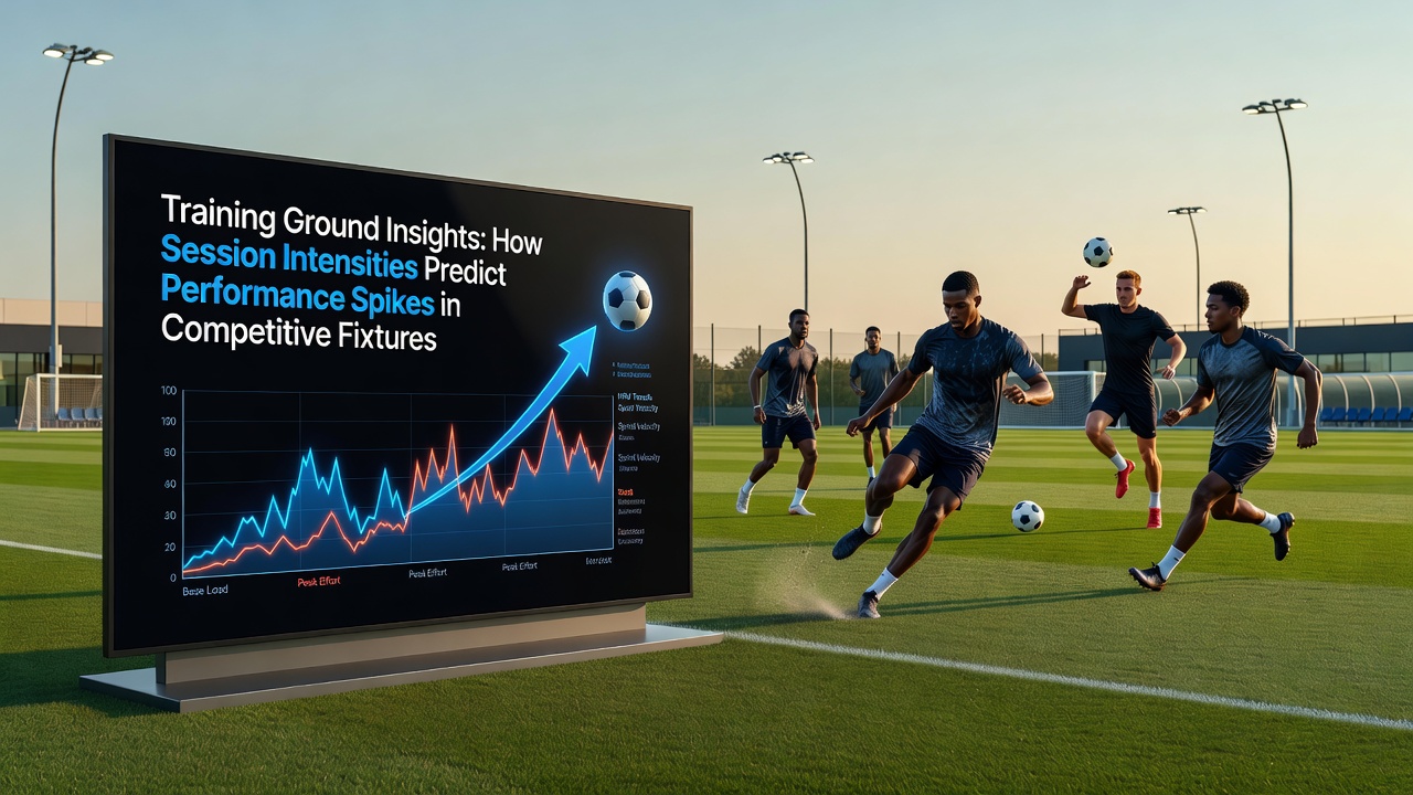 Performance analyst reviewing session intensity graphs on a tablet beside a training field