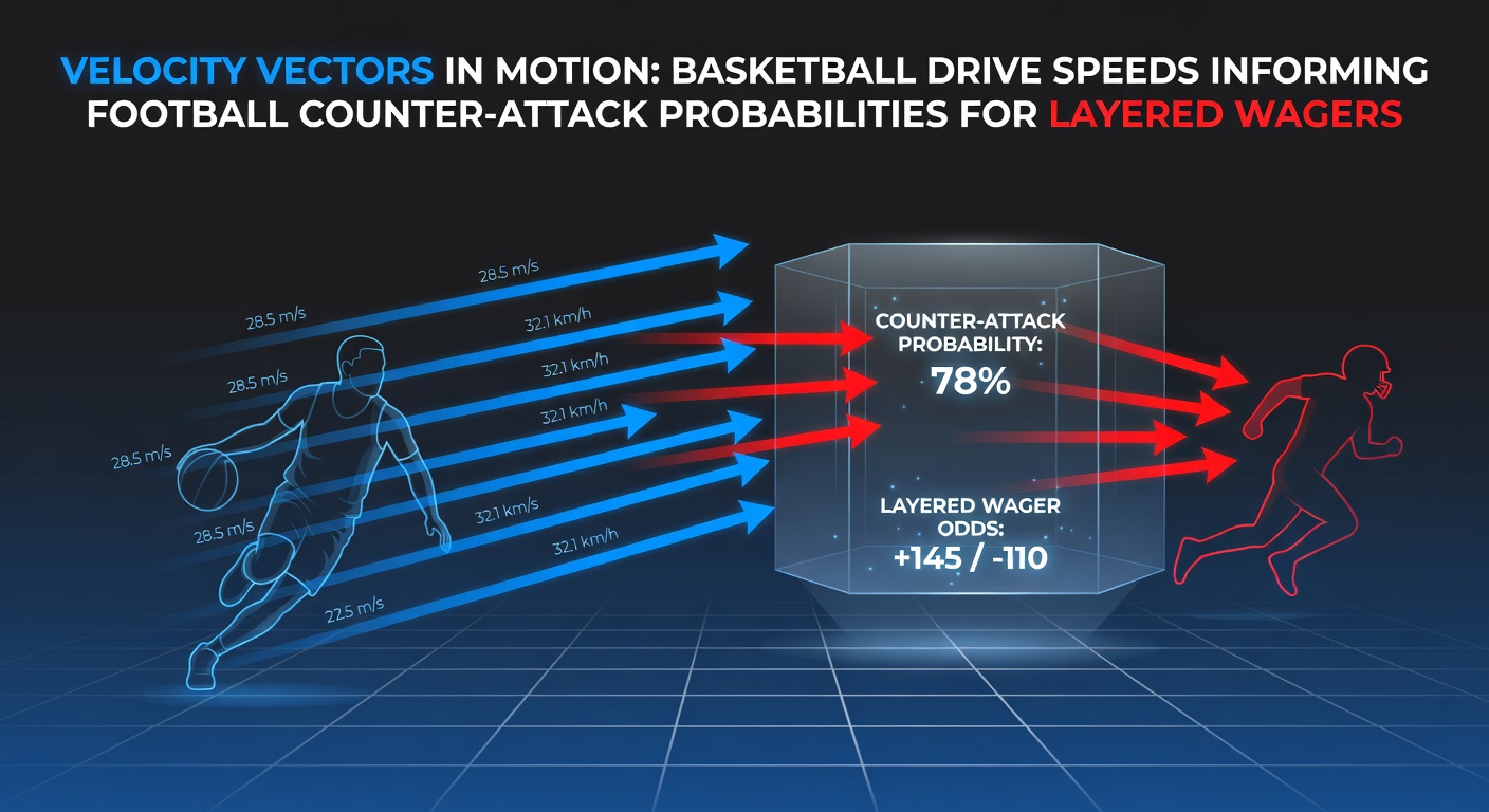 Basketball player driving toward the basket with motion tracking overlays showing velocity vectors during a fast break