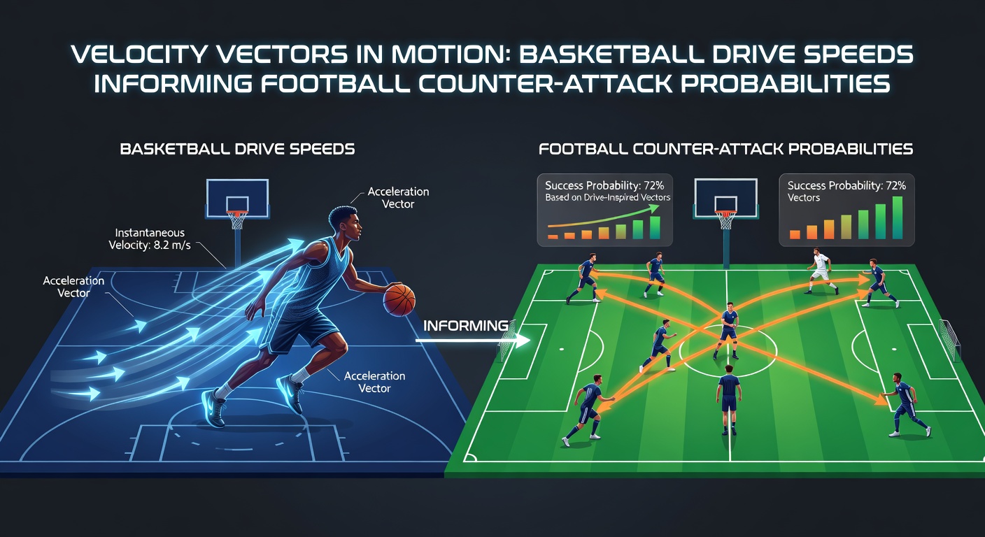 Football players launching a counter-attack with speed vectors overlaid to illustrate transition momentum and probability modeling